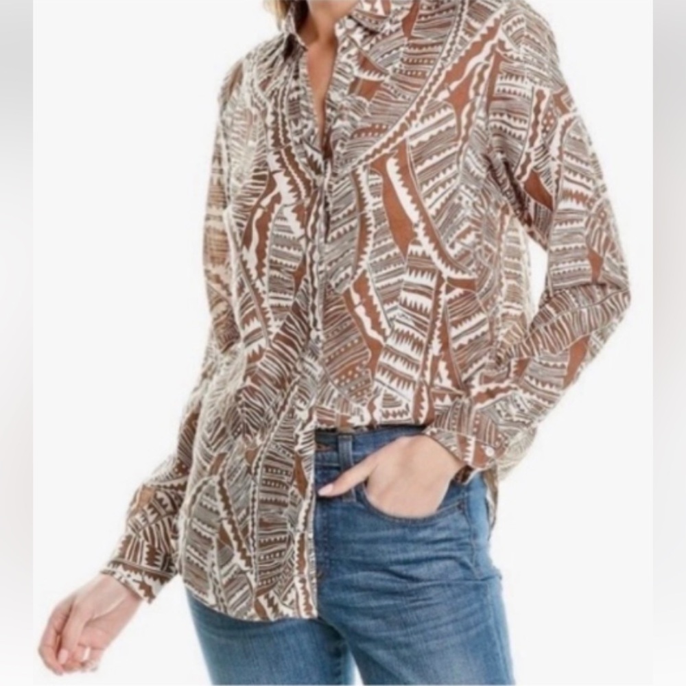 J McLaughlin Britt Button-Down Linen Palm Leaf Motif Shirt Boho Resort Festival